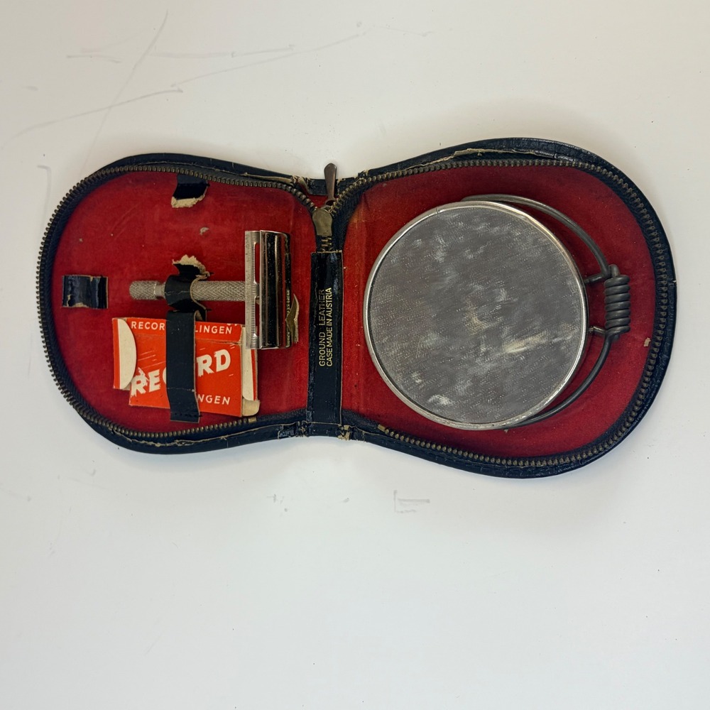 Vintage Travel Shaving Kit Austria Leather Case Safety Razor Record Solingen